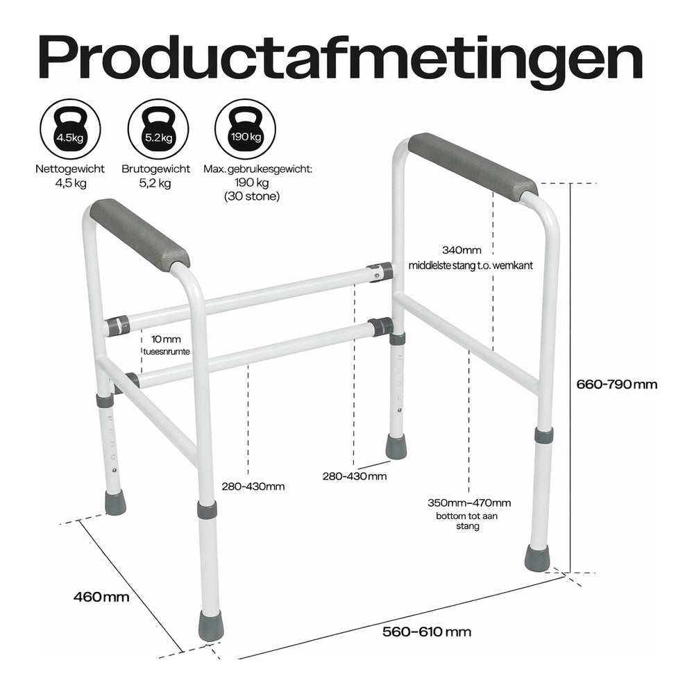 Toiletframe in hoogte en breedte verstelbaar